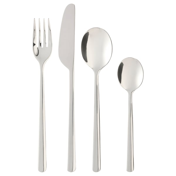 Ett set med LÖFTESRIK bestick i rostfritt stål: gaffel, kniv, två skedar. Eleganta, moderna linjer med rundade detaljer. Silverfärgad, polerad yta.