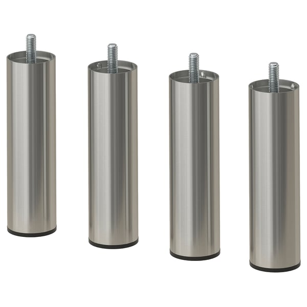 Fyra metalliska cylindriska ben med skruvar, designade för möbelstöd. Rostfri stålfinish.
