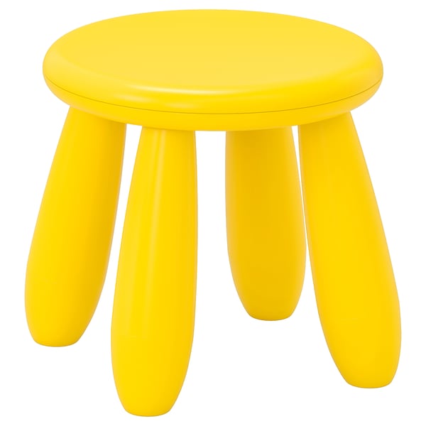 Ljusgul barnpall i plast, rund topp, tre böjda ben, slitstark och lätt, designad för utomhus- och inomhusbruk.