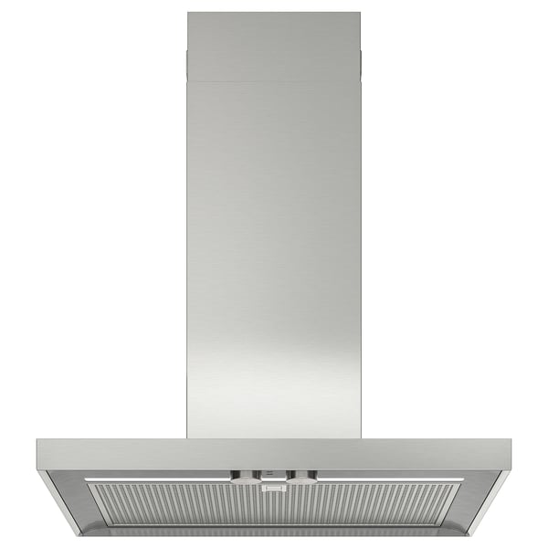 Modern köksfläkt i rostfritt stål; Elegant, rektangulär design med LED-belysning.