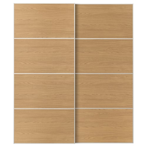 MEHAMN Skjutdörrpar, vit/dubbelsidig ekmönstrad, 200x236 cm