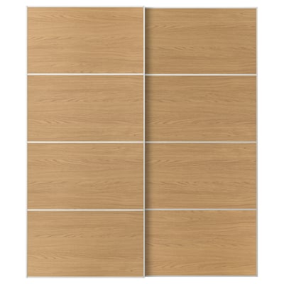 MEHAMN Skjutdörrpar, vit/dubbelsidig ekmönstrad, 200x236 cm