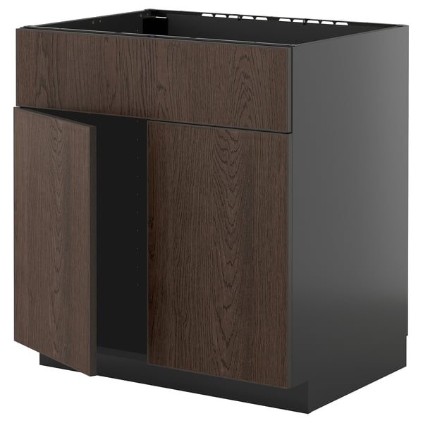 Mörkt trä ikea METOD köksskåp. Fyrkantig, modern design med två dörrar och ingen topp.