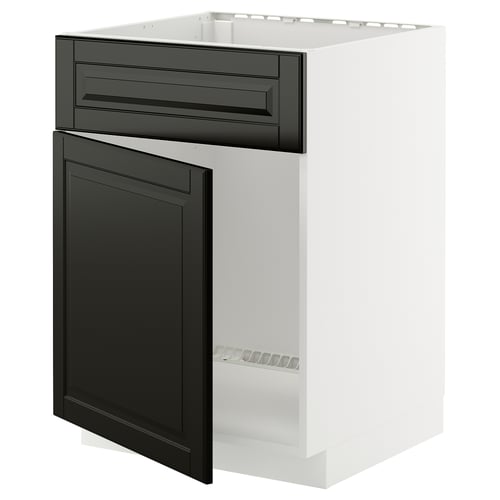 Modernt vitt köksskåp med svarta lådor, snygg design, robust ram.