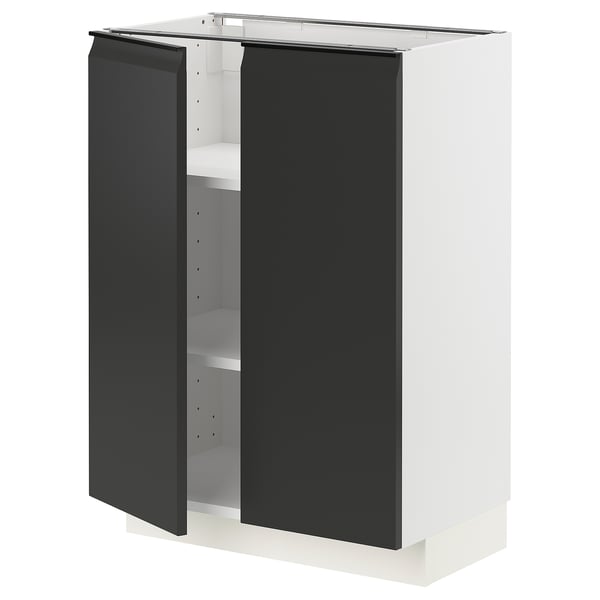 Modernt köksskåp i vitt med mattsvarta dörrar, justerbara hyllor och stilren handtagslös design.