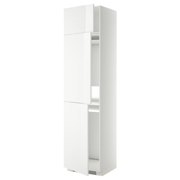 Vitt högt förvaringsskåp med justerbara hyllplan, elegant modern design, högblank finish.