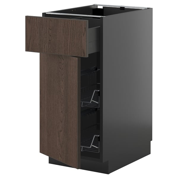 Modernt köksskåp, mörkbrunt med träådring, elegant design, platt panel, inkluderar galler.