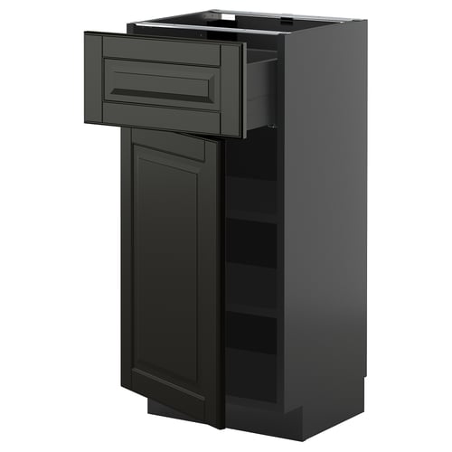 METOD köksbänk i svart med låda och hyllor öppna. Modern design, blank yta.