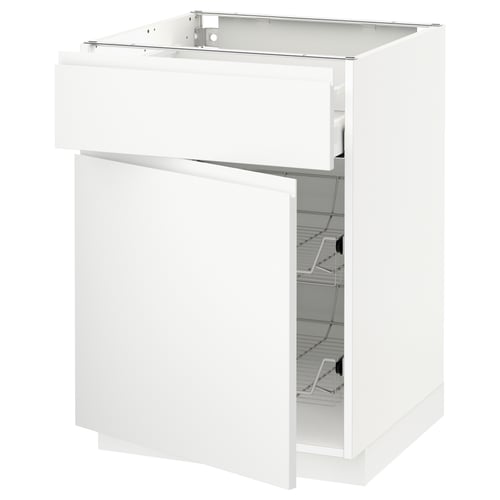 Ett vitt METOD-köksskåp med integrerade handtag, tillverkat av spånskiva och plastfolie. Den har en elegant, modern design med en slät finish.