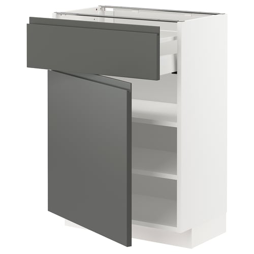 Vit METOD köksmöbel, grå handtag, fyrkantig form, modern design.