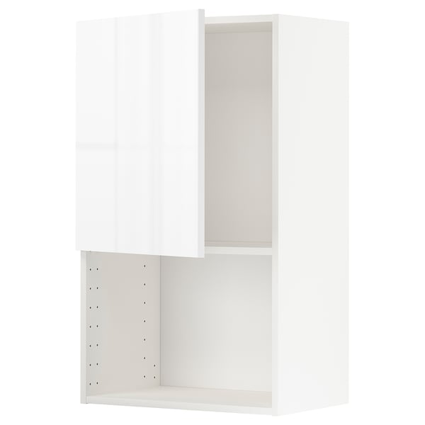 Vitt högblankt köksskåp med glasdörr och metallhyllor.