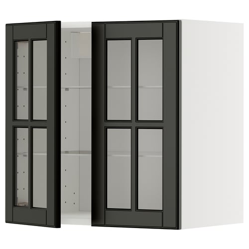 Skåp med mörk glasfront, vita sidor, tre synliga hyllor, elegant modern design.
