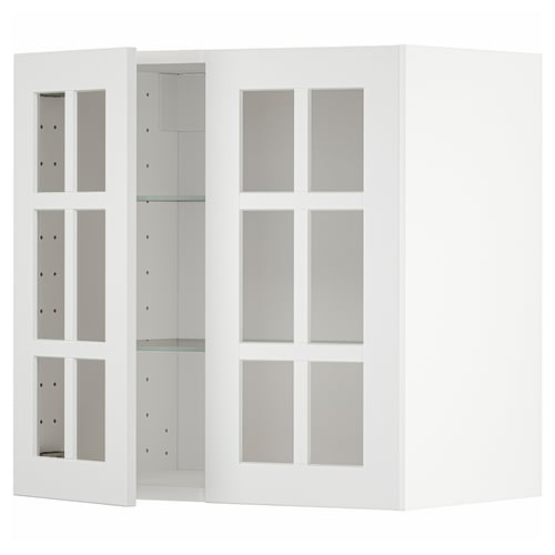 Vitt METOD köksskåp med glasdörrar. Modern design, fyrkantiga ramar, paneler i härdat glas.