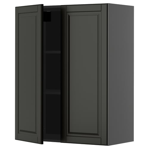 Mörkgrått köksskåp med två dörrar, rektangulär form, modern design.