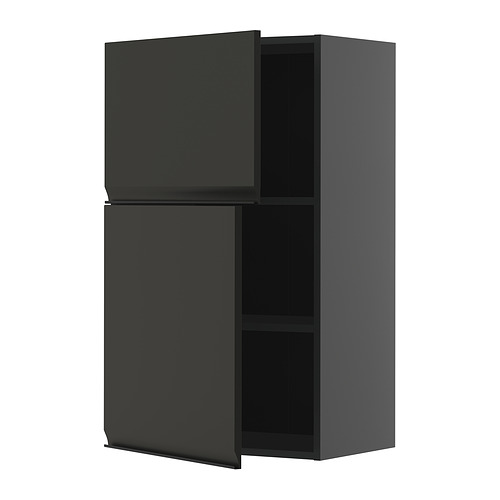 Öppet grått köksskåp, modern design med snygga svarta handtag, två fack.