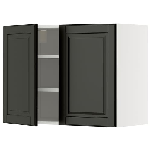Modernt svart köksskåp med fasade kanter, design med två dörrar, med hyllor inuti.