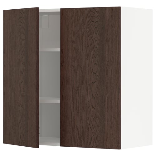 Skåp i mörkt trä med två öppna dörrar som avslöjar hyllorna. Modern design, robust ram, snäppgångjärn.