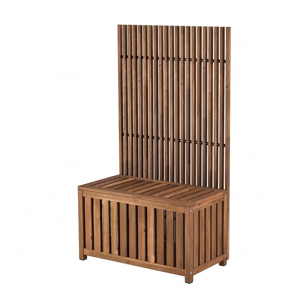 NÄMMARÖ förvaringsbänk för utomhusbruk, brun, akaciaträ, rektangulär form, lamelldesign.