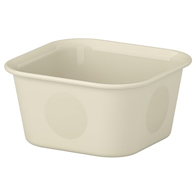 En vit, fyrkantig förvaringslåda i plast som heter NOJIG, med två små cirkulära utskärningar på sidorna.