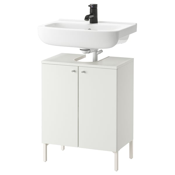 Nyssjön badrumskommod, vitt skåp med skål, svart kran, kompakt design.