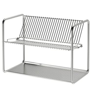 En ORDNING diskställ i rostfritt stål med tvåvåningsställ. Silver, slitstarkt, rektangulärt, med handtag och perforerad botten.