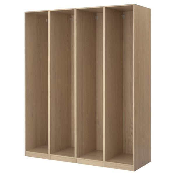 PAX: garderob i trä, 4 sektioner, naturbrun, rektangulär, minimalistisk design.
