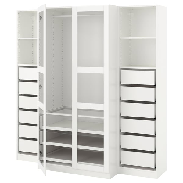 Vit PAX-garderob, elegant och modern med glasdörrar, flera hyllor och lådor för organiserad förvaring.