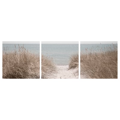 Triptyk strandfoto, sand, hav, gräs; Konsttryck på duk, redo att hängas upp.