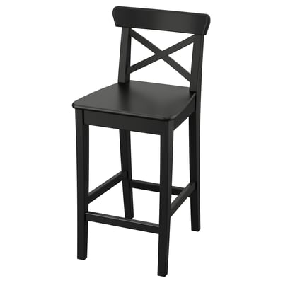 Bar stol i svart trä. Fyrkantig sits, design med x rygg. Robust och snygg.