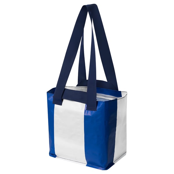 Blå och silverfärgad återanvändbar shoppinglåda med långa handtag, gjord av återvunnen polypropen, rektangulär form med dragkedja.