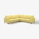 Modern L-formad soffa i limegrönt med träben. Enkel, minimalistisk design med dynor.