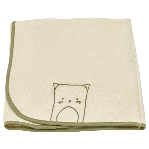 Överdraget SKÖTSAM skötbädd i ekologisk bomull, beige med grön kant, vikt, med en söt kattdesign.