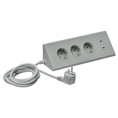 Grå SKOTAT förlängningssladd med 3 uttag, 2 usb-portar, lindad. Minimalistisk, mångsidig.