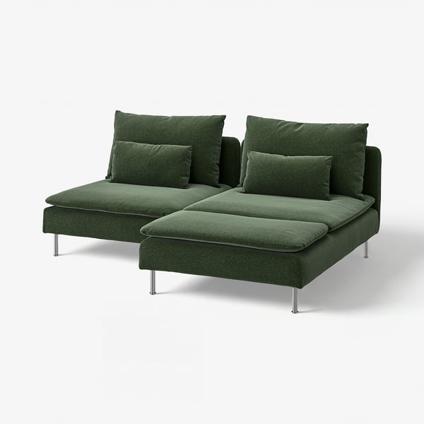 Modern grön l-stil soffa med metallben och fyra kuddar.