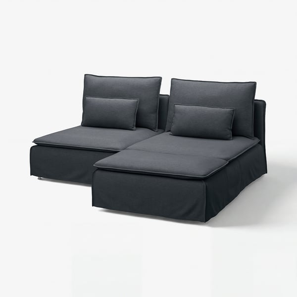 Mörkgrå SÖDERHAMN sektionsoffa, modern design, mjuka kuddar, modulära sektioner.