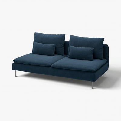 Mörkblå SÖDERHAMN-soffa, låg profil, djupa säten, metallben.