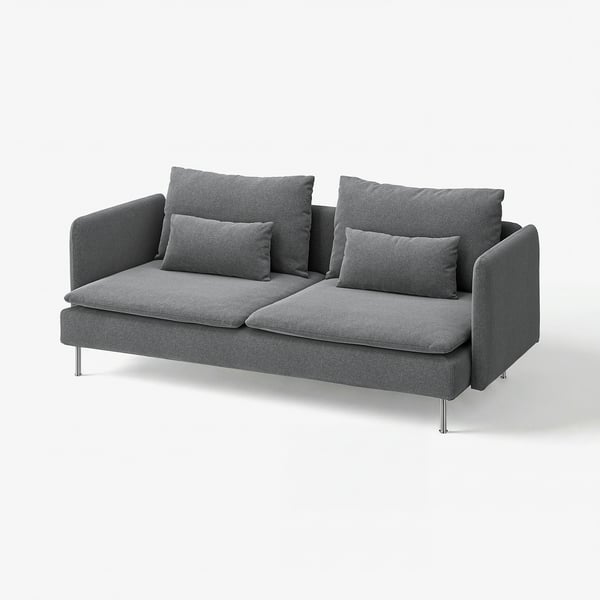 Grå SÖDERHAMN-soffa med djupa sittdelar, höga ben och kuddar. Modern, minimalistisk design.
