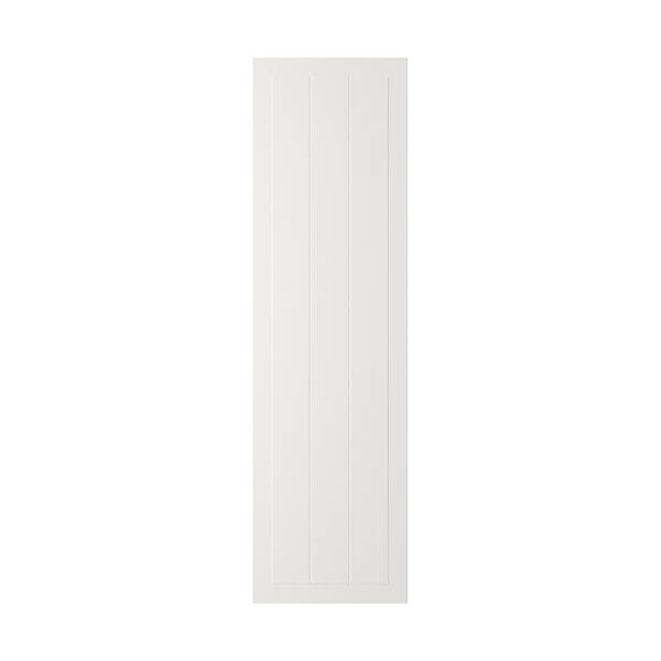 En vit STENSUND skåpdörr med vertikala spår. Den är rektangulär, tillverkad av lackerad fiberplatta och har en ren, enkel design.