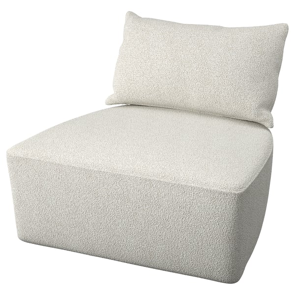 En modern, ljusgrå, stoppad stol med kvadratisk form och minimalistisk design, perfekt för moderna utrymmen.