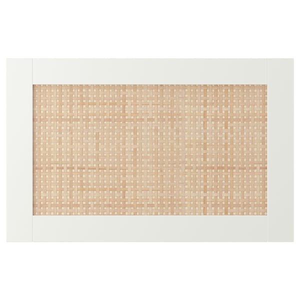 En beige, vävd lådfront i trä, rektangulär form.