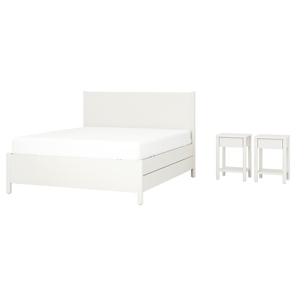 Benvit sängram och nattduksbord, stilren design, robust trä, 4 lådor.