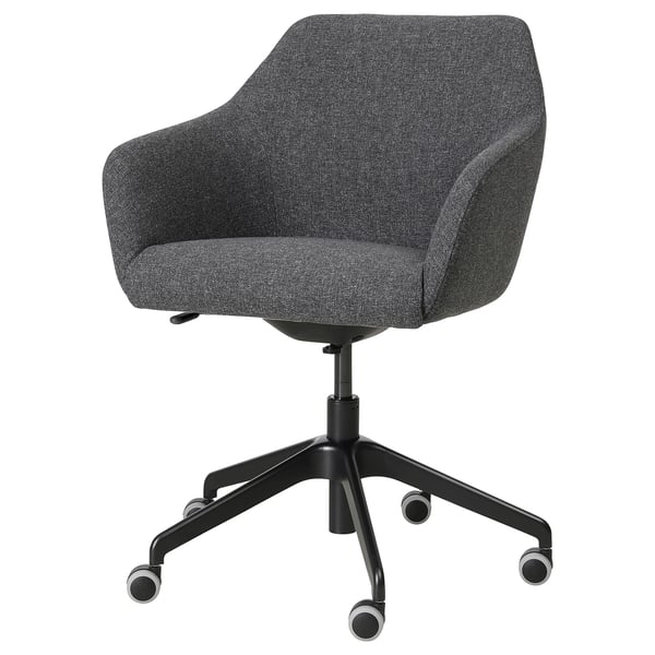 TOSSBERG stol: grå, mjukt tyg, vadderad, svart svängbar bas, fem hjul, ergonomisk design.
