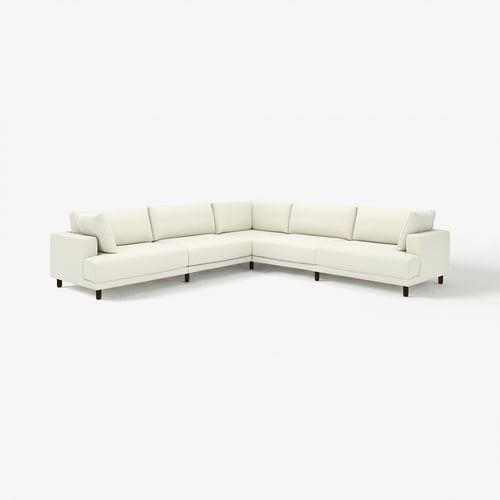 Modern UPPÅKRA sektionssoffa, ljusbeige, med mjuka kuddar och mörka träben.