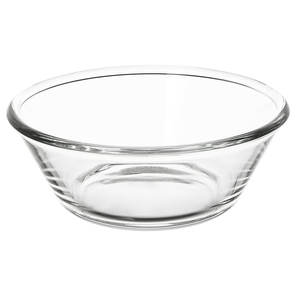 Skål i klart glas, enkel design, rund form. Perfekt för servering av mat och dryck.