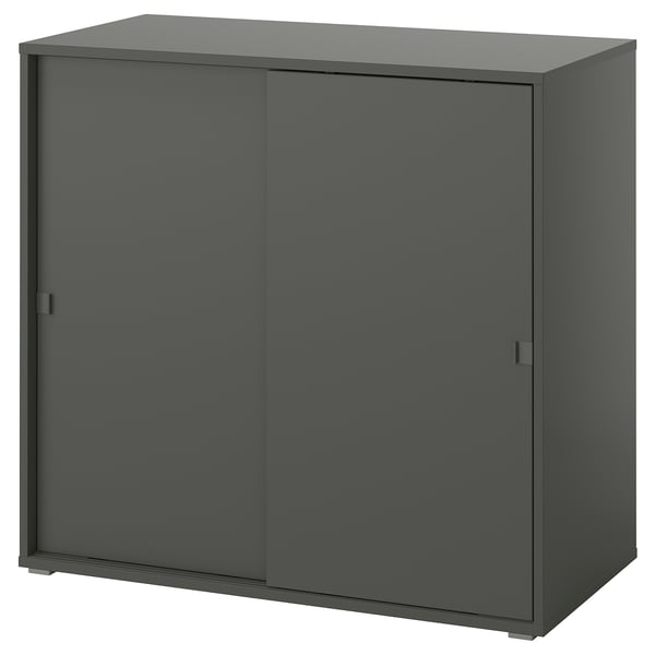 Ett mörkgrått VIHALS-skåp med skjutdörrar, lämpligt för små utrymmen, med modern design.