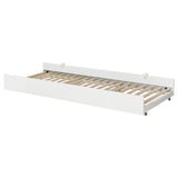 VIHALS vit utdragbar säng, minimalistisk, träribbor, modern design, platsbesparande.