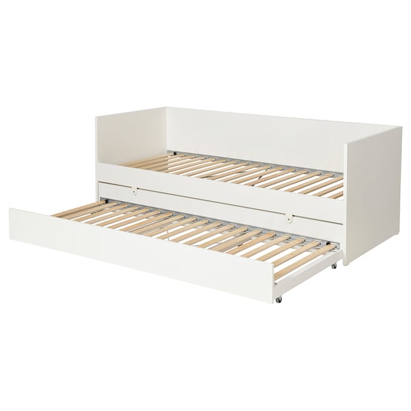 Vit VIHALS sängram med rull, träribbor, rena linjer.