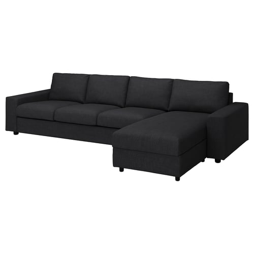 Mörkgrå VIMLE sektionssoffa med schäslong. Modern design, mjuka kuddar, kaotisk konsistens.