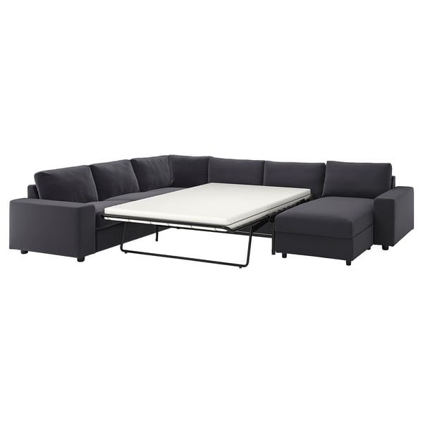 Mörkgrå l-formad VIMLE bäddsoffa, modern, plysch, med utfällbar madrass.