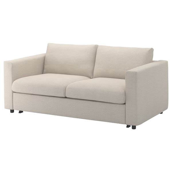 Ljusbeige VIMLE soffa, minimalistisk design, rundade kanter, klädd i återvunnet polyestertyg.